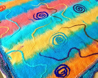 Hand Felted Merino Wool Baby Play Mat, Nuno Technique, Colorful Swirls