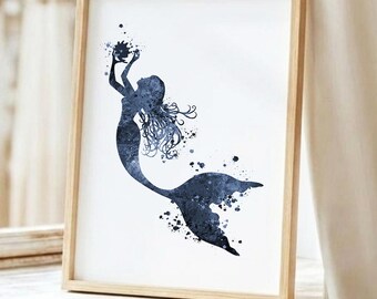 Lámina de acuarela de sirena, arte mural de fantasía azul oscuro bajo el mar, decoración oceánica para guardería, obra de arte para dormitorio infantil sin marco W10