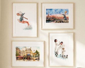 French Kitchen Watercolor Print Set of 4, Cute Rat Chef Wall Art, Ratatouille Illustration Decor, Food Lover Gift, Kitchen Wall Art W955