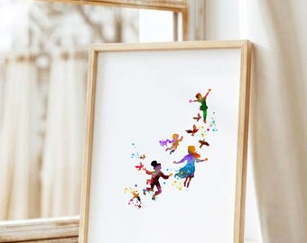 Cuadro de Peter Pan para habitación infantil, lámina de acuarela de Peter Pan y los Niños Perdidos, decoración de la habitación infantil de Nunca Jamás, póster infantil de cuento de hadas W530
