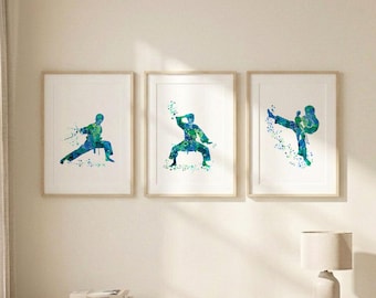 Juego de 3 impresiones de arte mural de karate, pósteres de artes marciales, decoración de habitación infantil de karate, pósteres deportivos para dormitorio infantil, regalo de taekwondo, arte mural de dojo S86