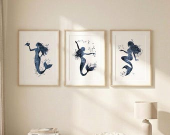 Juego de 3 láminas de acuarela de sirenas, arte de pared azul costero para guardería, decoración de dormitorio de niñas con temática marina, lindas láminas para baño con temática submarina sin marco S4