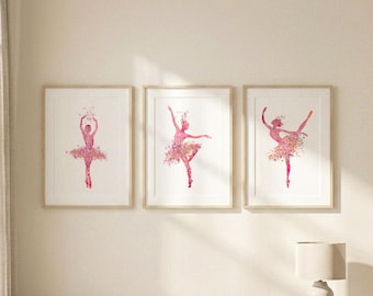 Juego de 3 láminas decorativas de bailarinas para pared, decoración infantil para niña, láminas de ballet para dormitorio, galería de tutús rosas para pared, decoración para habitación de niña pequeña, sin marco S23