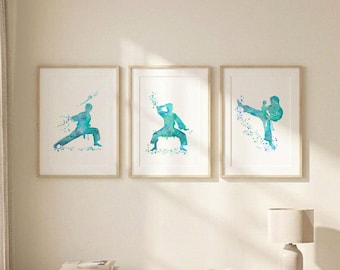 Juego de 3 láminas decorativas de karate para pared, póster de artes marciales, lámina de karate, arte deportivo de taekwondo, decoración deportiva color turquesa, regalo de artes marciales, sin marco S87