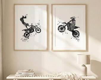 Motocross Wall Art Set of 2, Dirt Bike Racing Prints, Motorcycle Sport Poster, Stunt Rider Decor, Black and White Motorcross Art S79