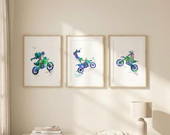 Decoración de pared de motocross para habitación infantil, láminas de motocross para guardería, arte de motos en acuarela, decoración de dormitorio infantil, regalo de motocross para niño S99