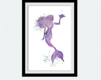 Purple Mermaid Art Print: Ocean Nursery Decor W787