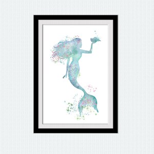May include: A watercolor painting of a mermaid with a seashell in her hand. The mermaid is blue and green with pink accents. The background is white with splashes of color.