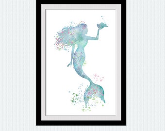 Mermaid Watercolor Art Print: Ocean Nursery Decor W772