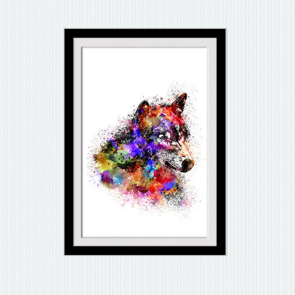 Wolf poster Wolf print Colorful wolf print Watercolor wolf illustration Home decoration Wall hanging art Christmas gift Wolf wall art  W321