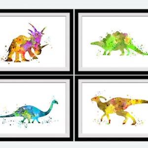 Set of 4 Dinosaur Nursery Prints | Boys Room Dino Decor | Watercolor Dinosaur Wall Art | Kids Playroom Prehistoric Poster Set S13