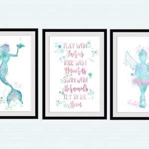 Fairy print Set of 3 Mermaid poster Fairy wall decor Wall art in teal Mermaid print Kids room wall art Playground decor Nursery teal art S50