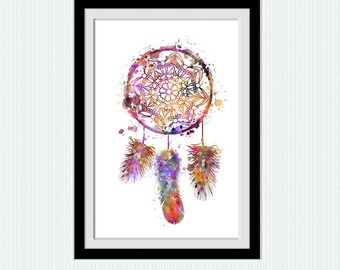 Dream catcher watercolor print  Dreamcatcher colorful poster Home decoration Wall hanging art Kids room decor Nursery room art   W269