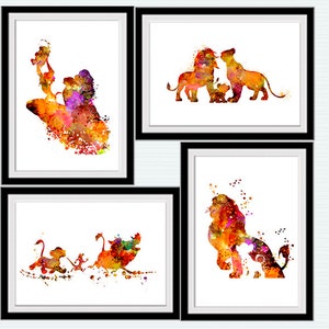 Juego de impresiones de arte de pared en acuarela de Disney El Rey León, regalo para baby shower, decoración de habitación infantil, Simba, Pumba, Nala, Hakuna Matata Safari, decoración león S97