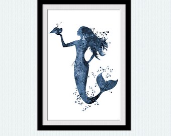 Impresión de acuarela de sirena: decoración náutica oceánica para el hogar W11