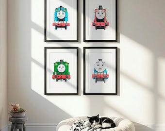 Set of 4 Train Watercolor Prints, Steam Engine Nursery Art, Kids Train Decor Set, Blue Green Red Locomotive Art, Boys Room Gallery Wall S108