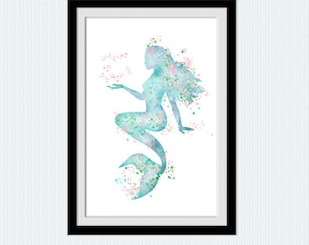 Mermaid Watercolor Print: Ocean Fantasy Nursery Art W742