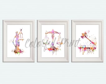Justice symbol Set of 3 Lady Justice print Scales of Justice art Gavel poster Law office decor Themis goddess Judge office art Attorney S85