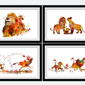 Juego de impresiones del Rey León, personajes de Disney para guardería, ideas de decoración de pared para bebés de safari, póster de arte de acuarela para decoración del hogar de Simba Mufasa Nala S92