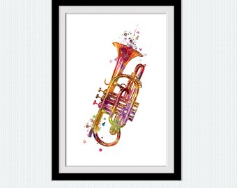 Trumpet print Trumpet poster Trumpet watercolor illustration Trumpet wall art Home wall decoration Wall hanging decor Christmas gift W350