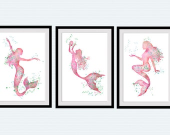 Mermaid print Mermaid set of 3 posters Home decoration Set of 3 mermaids wall decor Ocean fantasy watercolor Kids room decor Gift idea S21