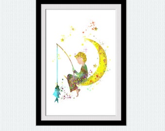 Boys room wall print, boy nursery gift, blue teal mustard colors, kids room illustration, boys room decor fishing boy poster moon print W744