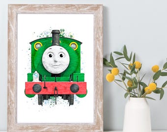 Lámina de acuarela de Percy Train, locomotora de vapor verde, decoración de pared para habitación infantil, decoración de trenes para niños, ilustración ferroviaria, regalo para habitación de niño W952