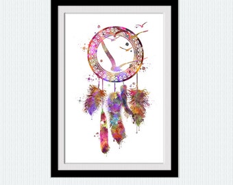 Watercolor Dream Catcher Print: Boho Wall Art, Kid's Room Decor W274