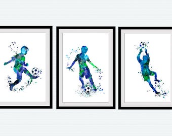 Soccer Wall Art for Boys Room, Set of 3 Watercolor Football Prints, Sports Nursery Decor, Kids Bedroom Wall Art, Coach Gift, Unframed S30