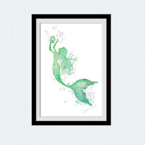 May include: A watercolor painting of a mermaid with a green tail and pink and blue accents. The mermaid is holding a seashell in her hand and is surrounded by a spray of water.