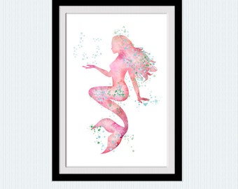 Mermaid Watercolor Art Print, Ocean Nursery Decor W741