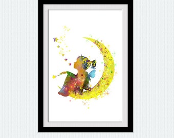 Watercolor fairy print, colorful fairy poster, kids room illustration, wall art gift, home decoration, nursery room decor, fantasy art, W18