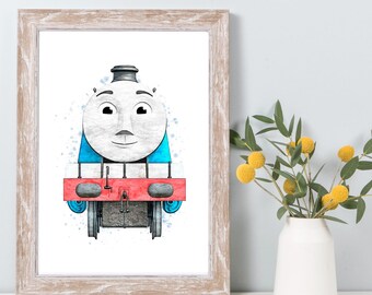 Lámina de acuarela de Gordon la Gran Locomotora, Arte de pared de Thomas el Tren, Póster de la Locomotora de Vapor Azul n.° 4, Decoración para habitación infantil W951
