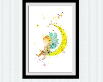 Boys room wall art, cute angel print, angel on the moon, baby boy gift, baby shower gift, blue teal yellow colors, boys room art print W745