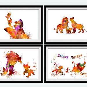 Juego de 4 láminas de El Rey León / Decoración de pared de Simba, Mufasa y Nala / Paquete de pósteres infantiles de Disney S93