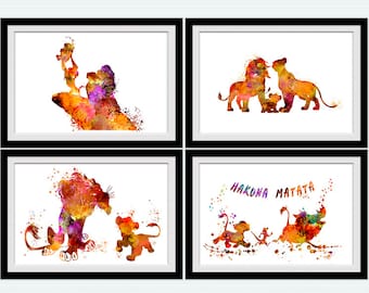 Juego de 4 láminas de El Rey León / Decoración de pared de Simba, Mufasa y Nala / Paquete de pósteres infantiles de Disney S93
