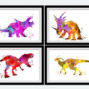 Dinosaur watercolor Set of 4 Dinosaur print Dinosaur wall decor Dinosaur watercolor set Kids room decor Nursery art Cute dinosaur S14