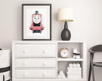 Lámina de acuarela de James la locomotora roja, n.º 5 Arte de pared de Thomas el tren, póster de locomotora de vapor roja, decoración para habitación infantil de niños, espléndido arte de trenes W953