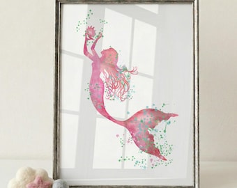Mermaid Watercolor Print, Ocean Fantasy Wall Art, Coastal Bathroom Decor, Mermaid Nursery Art, Fantasy Ocean Poster W735