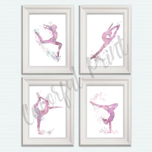 Gymnastics girl print Set of 4 Sport gymnastics poster Sport hall decor Gymnastics gift Girls room decor Playroom decoration Purple art S67