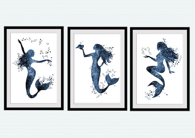 Mermaid Watercolor Poster Set Of 3 Mermaid Print Wall Hanging Etsy
