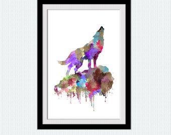 Wolf colorful print Wolf howling watercolor poster  Wolf howling illustration Home decoration Wall hanging decor Wolf wall decoration W317