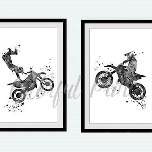 Motocross print Set of 2 Motor sport poster Motorcycle decor Dirt bike rider Stunt racing print Motocross poster Black and white art S79