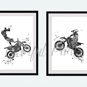 Motocross print Set of 2 Motocross poster Motorcycle decor Dirt bike rider Stunt racing print Motocross rider art Black and white art