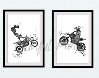 Impresión de motocross, conjunto de 2, póster de deportes de motor, decoración de motocicletas, motociclista de cross, impresión de carreras de acrobacias, póster de motocross, arte en blanco y negro S79