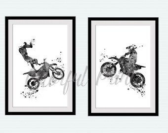 Motocross print Set of 2 Motor sport poster Motorcycle decor Dirt bike rider Stunt racing print Motocross poster Black and white art S79