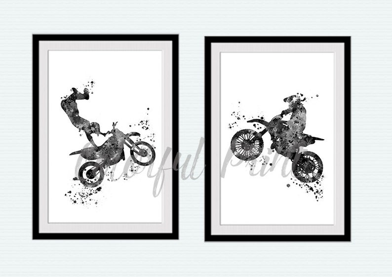 Motocross print Set of 2 Motocross poster Motorcycle decor Dirt bike rider Stunt racing print Motocross rider art Black and white art
