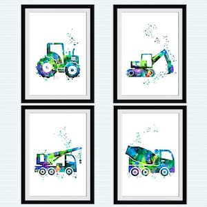 Transport print Set of 4 Construction equipment poster Excavator poster Wall art Gift for him Construction crane Birthday gift S46