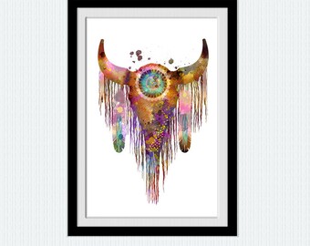 Impresión artística de acuarela de calavera de toro de nativos americanos: decoración bohemia para el hogar W503