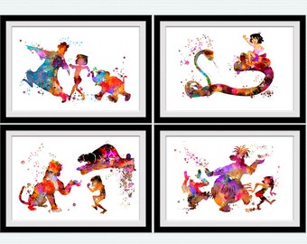 Set di 4 stampe del Libro della Giungla, poster di Mowgli, arte per la cameretta dei bambini, acquerello di Baloo, stampa di Bagheera, decorazione murale Disney S101